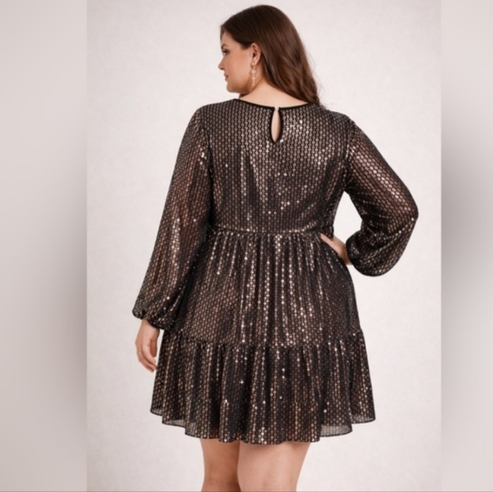 Y2K, 3XL Black Bronze Sequin Babydoll Dress | Long Sleeve Plus Size Party - Picture 2 of 7